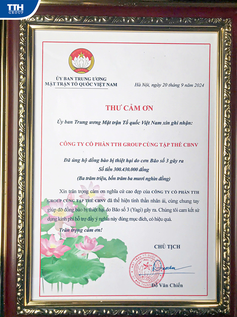 Thư cảm ơn của UBTƯ MTTQ Việt Nam gửi tới Công ty CP TTH Group